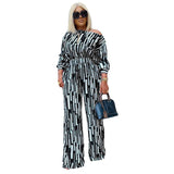 Plus Size Popular  Women Clothing Striped Printed Oblique Long Sleeve Shoulder Width Loose Casual Set Women