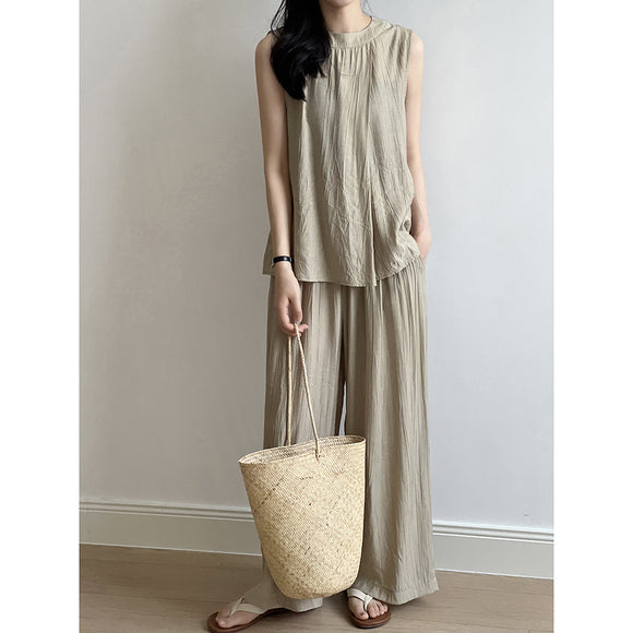 Stylish Thin Sleeveless Vest Women Summer Pleated Shirt Wide Leg Pants Two Piece Sets
