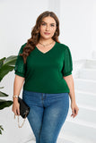 Women Clothing Mesh Fluffy Short Sleeve Puff Sleeve V neck Solid Color T shirt Women