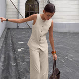 Spring Summer Office Vest Wide Leg Pants Two Piece Set