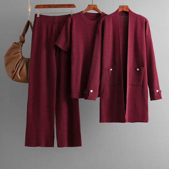 Women Autumn Winter Short Sleeved Shirt Mid Length Cardigan Coat Wide Leg Pants Three Piece Set