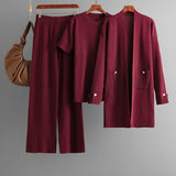 Women Autumn Winter Short Sleeved Shirt Mid Length Cardigan Coat Wide Leg Pants Three Piece Set