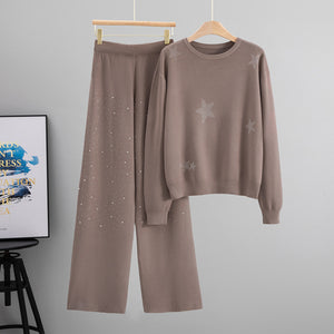 Autumn Winter Rhinestone round Neck Casual Sports Long Sleeve Two Piece Set Younger Sports Clothing