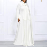 Autumn Winter Solid Color plus Size Lace up Puff Sleeve High Waist Big Swing Maxi Dress African Dress