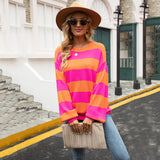 Autumn Pullover plus Size Patchwork Stripes round Neck Casual Knitted Loose Idle Bottoming Sweater