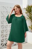 Plus Size Women Clothing Solid Color Casual Holiday Dress Travel Crew Neck Split Puff Sleeve Dress