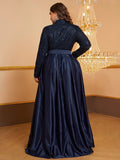 plus Size Dress Sequined Turtleneck Long Sleeve Dress with Belt Dinner Dress