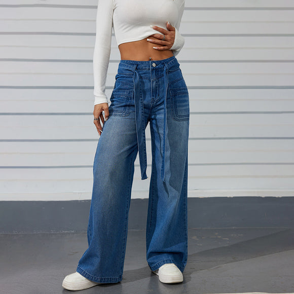 Dark Blue Wide Leg Jeans Women Street Casual Lace up High Waist Mopping Pants