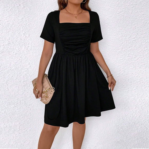 plus Size Women Clothes Spring Summer Shein Square Neck Cinched Short Sleeve Dress