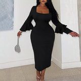 Plus Size Women Sexy Elegant Dress Autumn Winter Square Collar Ruffle Sleeve Slim Midi Dress