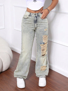 Women Clothing Holes Straight Loose Wide Leg Denim Long
