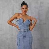 Women Clothing Casual Tube Top Tooling Large Pocket Denim Dress