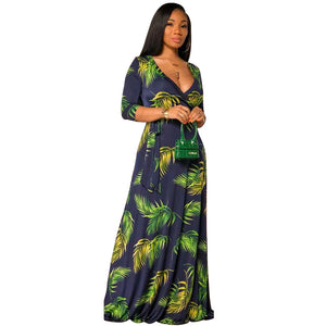 Large Swing Dress Leaf Printed Deep V Plunge Plunge with Belt Long plus Size Women Clothes Dress Plus Size