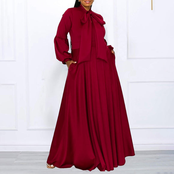 Autumn Winter Solid Color plus Size Lace up Puff Sleeve High Waist Big Swing Maxi Dress African Dress
