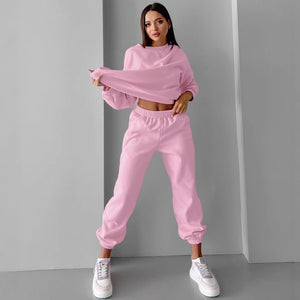 Pink Autumn Winter Fleece lined Sweater Long Sleeve Casual Suit Two Piece Sets Women