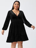 plus Size Fall Winter Women Clothing V neck Waist Controlled Slimming Long Sleeve Sexy Velvet Dress
