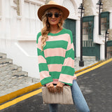 Autumn Pullover plus Size Patchwork Stripes round Neck Casual Knitted Loose Idle Bottoming Sweater