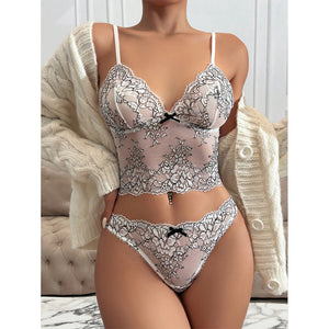 Sexy Underwear Suit Lace Mesh See through Embroidered Bra T Back Two Piece Set