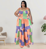 Plus Size Women Clothes Summer Plaid Sling Top Set Large Swing Skirt Sets
