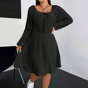 Plus Size Autumn Winter Women Clothing Square Collar Long Sleeve Waist Mini Fleece Sunken Stripe Dress