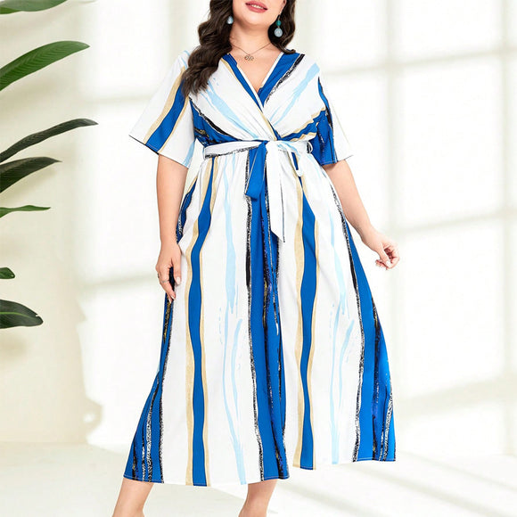 Plus Size Women Clothing Spring Summer Colorblock Striped Printed Lace up Sexy V neck Short Sleeve