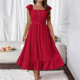 Plus Size Women Clothing Square Collar Flying Sleeve Dress Summer Vacation Red Dress Children