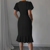 Plus SizeWomen Clothing Fashionable Elegant round Neck Ruffled Hem Mid Length Dress