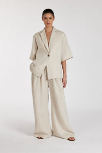 Spring Summer Linen Office Women Collared Half Sleeve Cardigan Top Loose Wide Leg Pants Two Piece Set