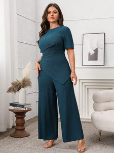 Women Clothing Casual Solid Color Short Sleeve Top Wide Leg Pants Two Piece Sets