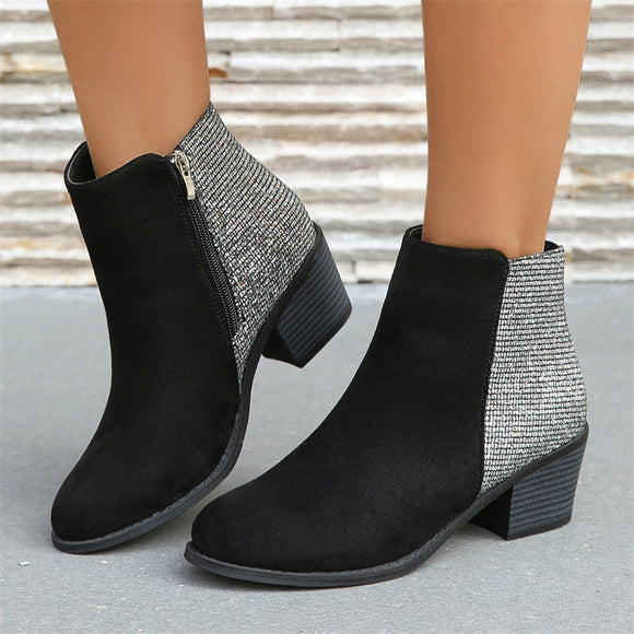 Glossy Fabric Back Stretch Microfiber Big Foot Back Chunky Heel Side Zip Low Cut Boots Women Boots
