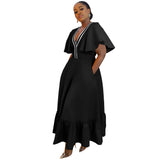 Women Wear Pocket Ruffle Sleeve V Collar Contrast Color Stitching Dress