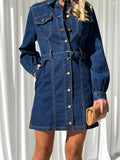 Casual Button Lace Up Slimming Long Sleeved Denim Dress Women