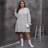 Plus Size Autumn Winter Woven Woolen Women Clothes Striped Color Contrast Patchwork round Neck Dress