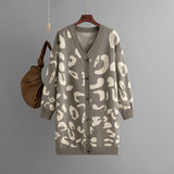 Autumn Winter Knitwear Mid Length Leopard Print Sweater Cardigan Women Baggy Coat