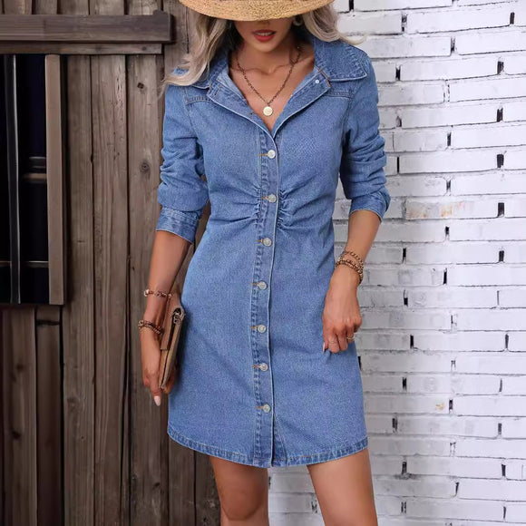 Retro Waist Controlled Slimming Long Sleeve Denim Dress