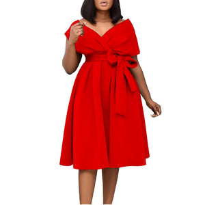 Women Clothing Summer V neck Lace up Elegant plus Size Africa Dress