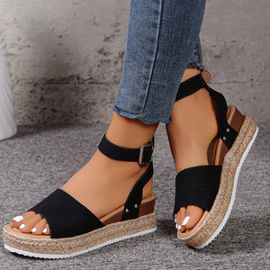 Hemp Rope Wedge Peep Toe Sandals Women Platform Buckle Beach Slippers