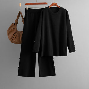 Solid Color Knitted Sweater Women Autumn Winter Loose Casual Two Piece Set
