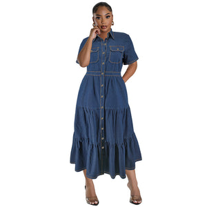 Plus Size Women Clothing Collared Button Long Pocket Short Sleeve Long Pattern Dress