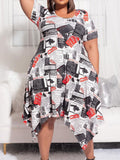 Plus Size Women Clothing Burst Short Sleeve round Neck Printed Fashionable Dress