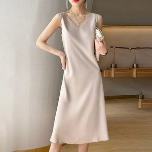 Sleeveless Dress Women Satin Long below the Knee Summer Inner Wear plus Size Solid Color Halter Dress