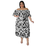 Plus Size Women Clothing Summer Print Short Sleeve Lace Up Folding High Waist Dress