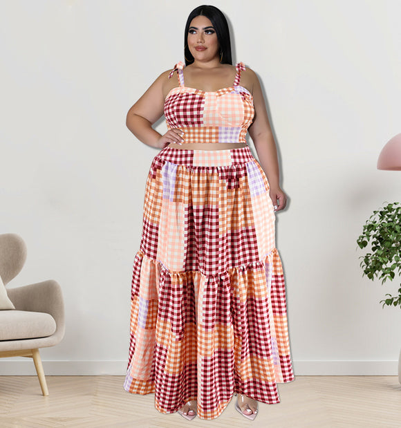 Plus Size Women Clothes Summer Plaid Sling Top Set Large Swing Skirt Sets