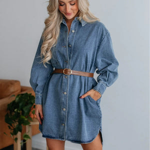 Spring Casual Button Slimming Long Sleeve Denim Dress Women (Without Belted)