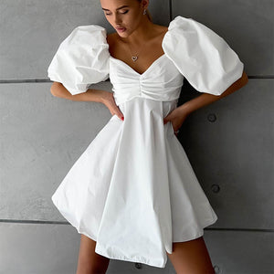 Off Neck Short Dress for Women Summer Puff Sleeve High Waist A  line Dress  French Princess Dress for Women
