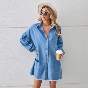 Women Loose Denim Long Sleeve Frayed Dress Midi Dress