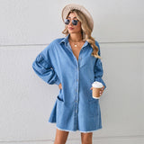 Women Loose Denim Long Sleeve Frayed Dress Midi Dress