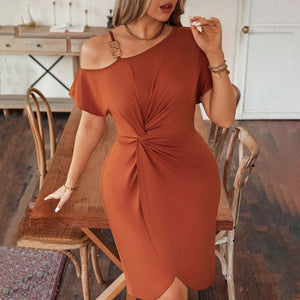 Plus Size Spring Slim Fit Cami Dress Design Ruffle Hip Oblique Shoulder Irregular Asymmetric Solid Color Short Sleeve Dress