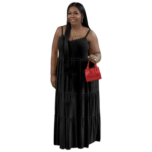 plus Size Summer Women Clothes Solid Color Sexy Strap Pleated Stitching Casual Dress
