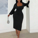 Plus Size Women Sexy Elegant Dress Autumn Winter Square Collar Ruffle Sleeve Slim Midi Dress